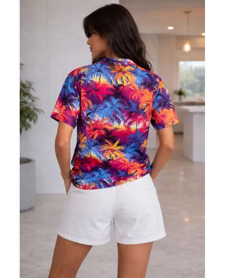 Kadın Renkli Tropikal Palmiye Desenli Kısa Kol Gömlek Şort Takım Yazlık Rahat Kalıp - Desenli