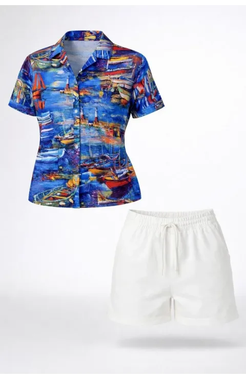 Kadın Deniz Temalı Desenli Kısa Kol Gömlek Şort Takım Yazlık Rahat Kalıp - Desenli