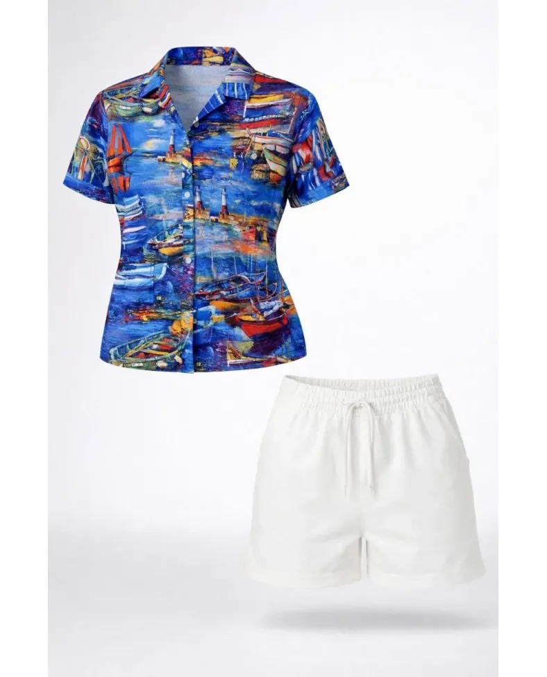 Kadın Deniz Temalı Desenli Kısa Kol Gömlek Şort Takım Yazlık Rahat Kalıp - Desenli