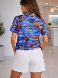 Kadın Deniz Temalı Desenli Kısa Kol Gömlek Şort Takım Yazlık Rahat Kalıp - Desenli