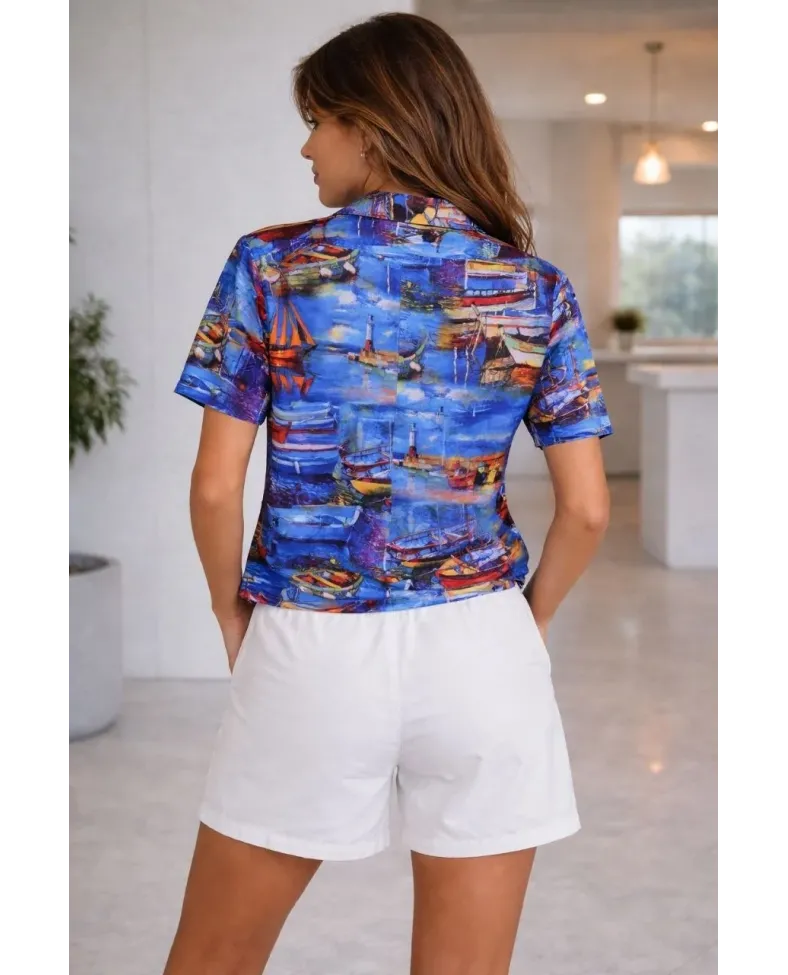 Kadın Deniz Temalı Desenli Kısa Kol Gömlek Şort Takım Yazlık Rahat Kalıp - Desenli