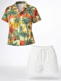 Kadın Tropikal Palmiye Desenli Kısa Kol Gömlek Şort Takım Yazlık Rahat - Desenli