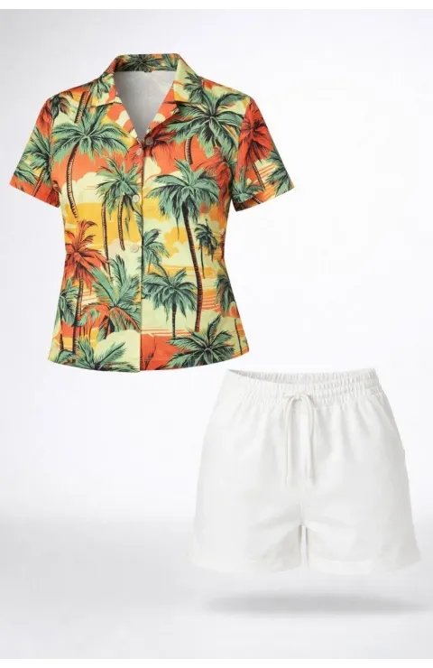 Kadın Tropikal Palmiye Desenli Kısa Kol Gömlek Şort Takım Yazlık Rahat - Desenli
