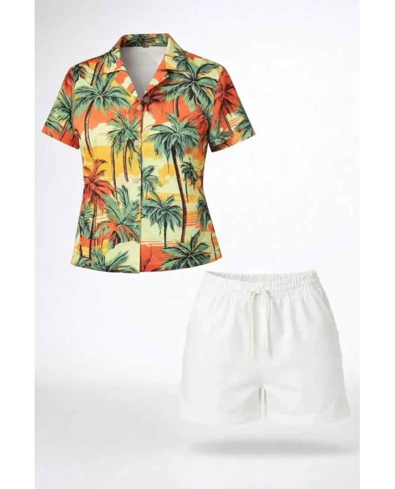 Kadın Tropikal Palmiye Desenli Kısa Kol Gömlek Şort Takım Yazlık Rahat - Desenli