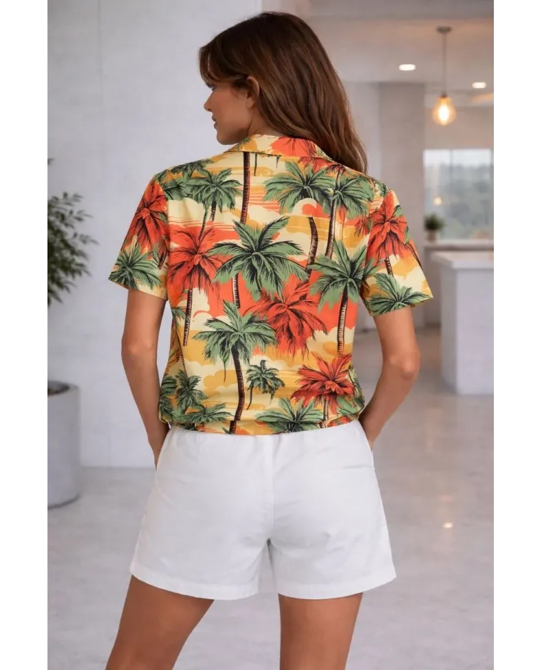 Kadın Tropikal Palmiye Desenli Kısa Kol Gömlek Şort Takım Yazlık Rahat - Desenli