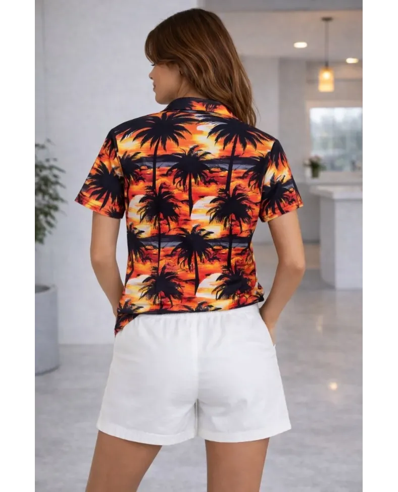 Kadın Tropikal Palmiye Desenli Gömlek Şort Takım Yazlık Rahat Kalıp - Desenli