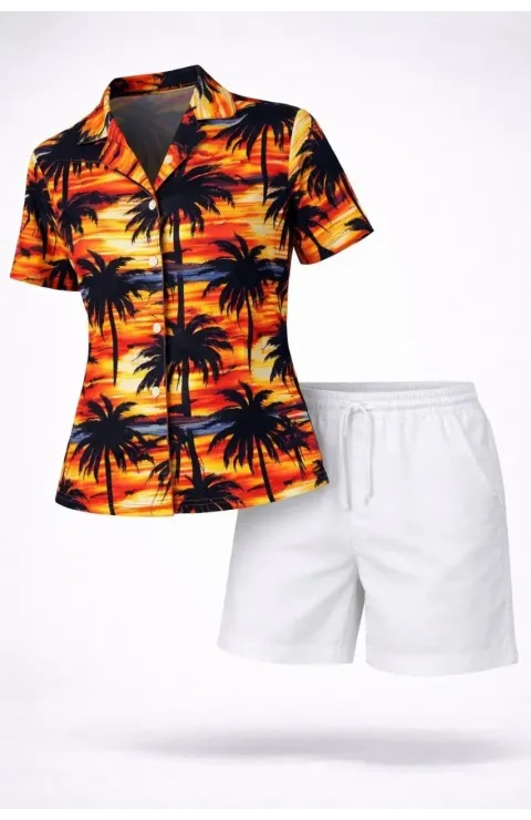 Kadın Tropikal Palmiye Desenli Gömlek Şort Takım Yazlık Rahat Kalıp - Desenli