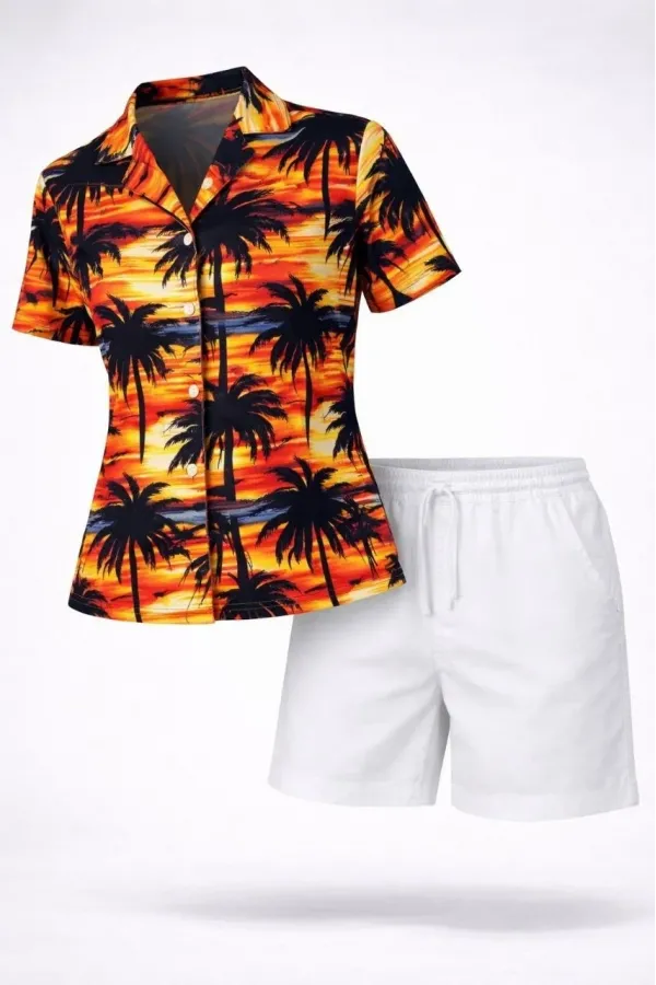 Kadın Tropikal Palmiye Desenli Gömlek Şort Takım Yazlık Rahat Kalıp - Desenli