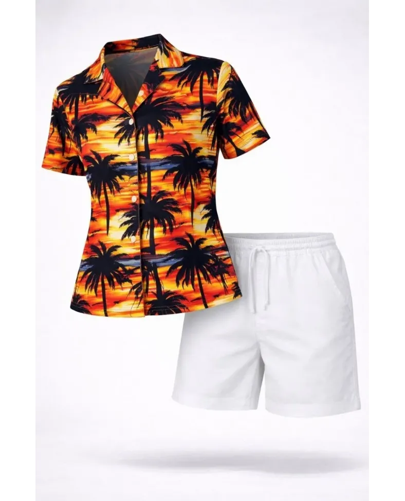 Kadın Tropikal Palmiye Desenli Gömlek Şort Takım Yazlık Rahat Kalıp - Desenli