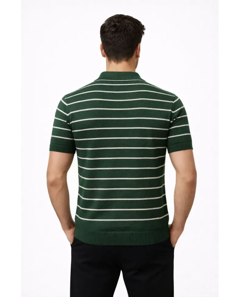 Erkek Triko Polo Yaka Fermuarlı Çizgili Tişört T-Shirt Yazlık Şık - Yeşil