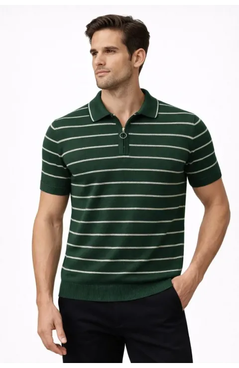 Erkek Triko Polo Yaka Fermuarlı Çizgili Tişört T-Shirt Yazlık Şık - Yeşil