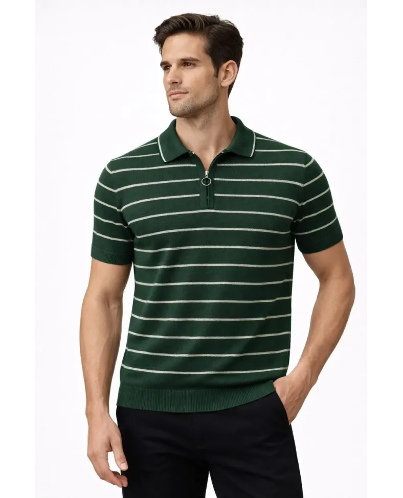 Erkek Triko Polo Yaka Fermuarlı Çizgili Tişört T-Shirt Yazlık Şık - Yeşil