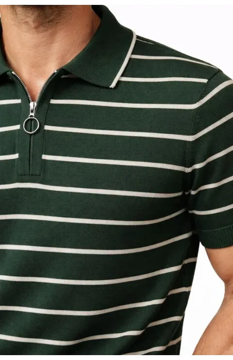 Erkek Triko Polo Yaka Fermuarlı Çizgili Tişört T-Shirt Yazlık Şık - Yeşil