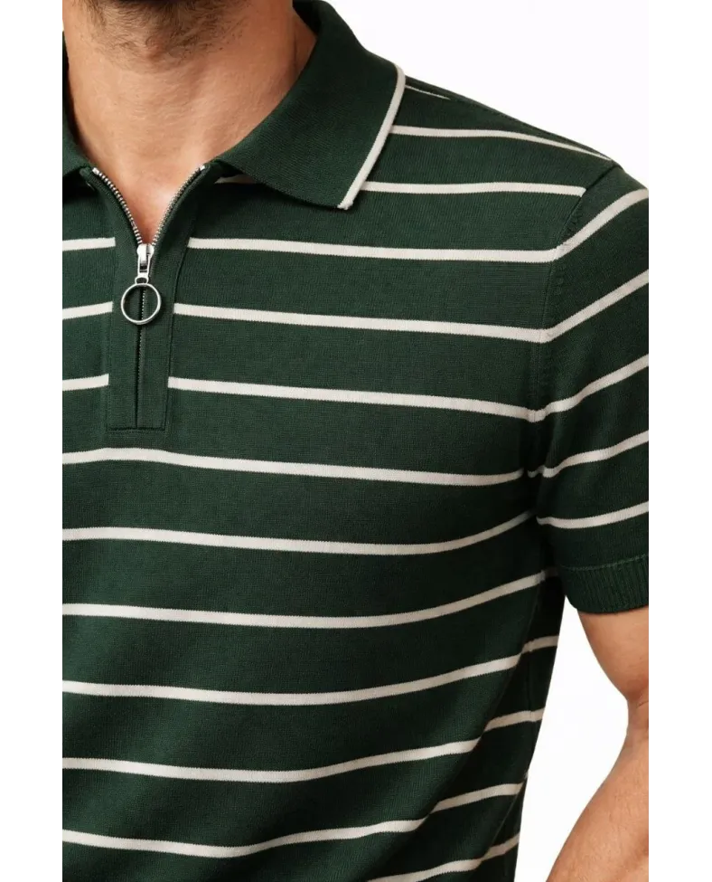 Erkek Triko Polo Yaka Fermuarlı Çizgili Tişört T-Shirt Yazlık Şık - Yeşil