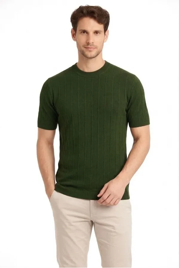 Erkek Yazlık Fitilli Triko Tişört Kısa Kol Bisiklet Yaka T-Shirt - Haki