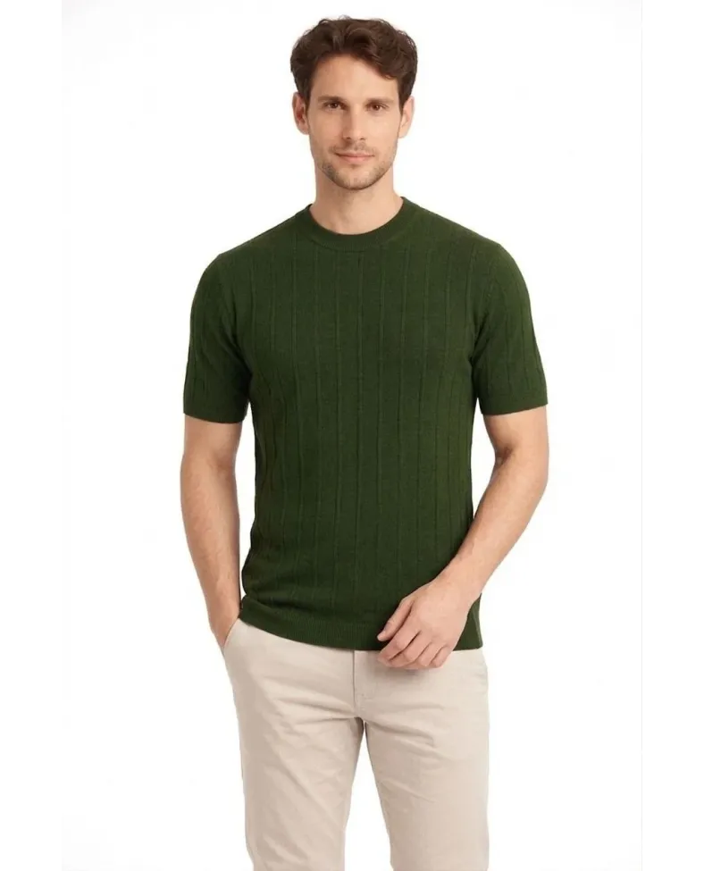 Erkek Yazlık Fitilli Triko Tişört Kısa Kol Bisiklet Yaka T-Shirt - Haki