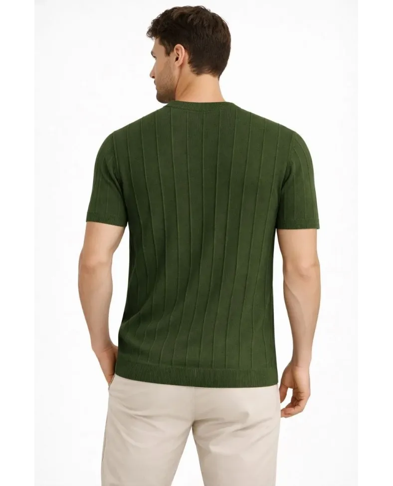 Erkek Yazlık Fitilli Triko Tişört Kısa Kol Bisiklet Yaka T-Shirt - Haki