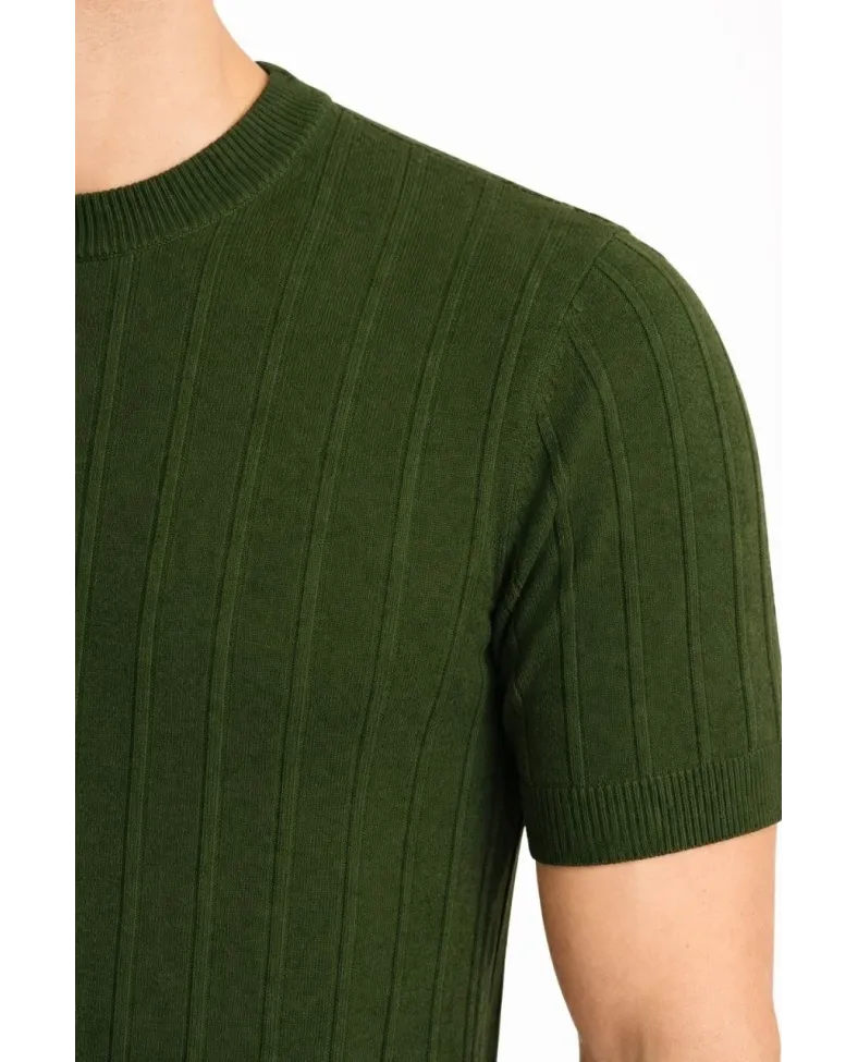 Erkek Yazlık Fitilli Triko Tişört Kısa Kol Bisiklet Yaka T-Shirt - Haki