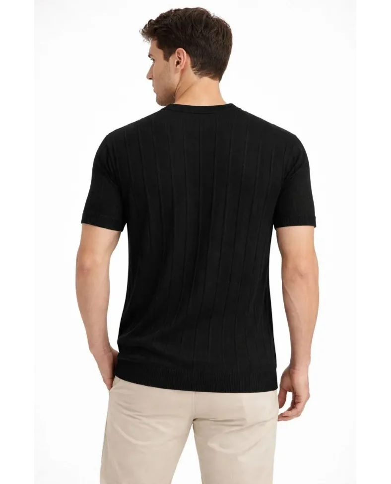 Erkek Yazlık Fitilli Triko Tişört Kısa Kol Bisiklet Yaka T-Shirt - Siyah