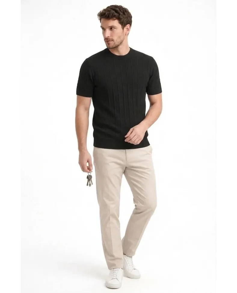 Erkek Yazlık Fitilli Triko Tişört Kısa Kol Bisiklet Yaka T-Shirt - Siyah