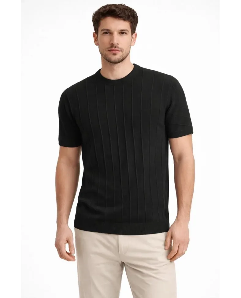 Erkek Yazlık Fitilli Triko Tişört Kısa Kol Bisiklet Yaka T-Shirt - Siyah