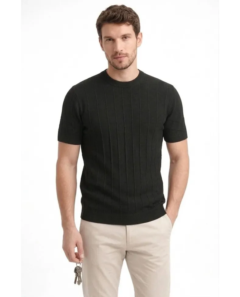 Erkek Yazlık Fitilli Triko Tişört Kısa Kol Bisiklet Yaka T-Shirt - Siyah