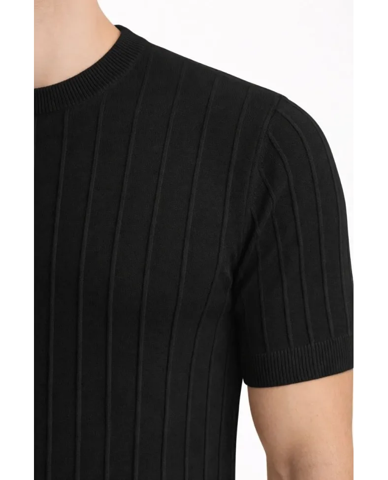 Erkek Yazlık Fitilli Triko Tişört Kısa Kol Bisiklet Yaka T-Shirt - Siyah