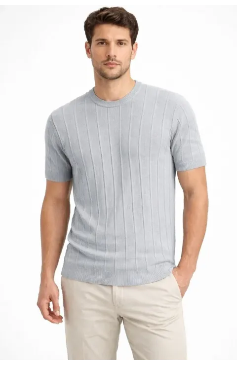 Erkek Yazlık Fitilli Triko Tişört Kısa Kol Bisiklet Yaka T-Shirt - Gri