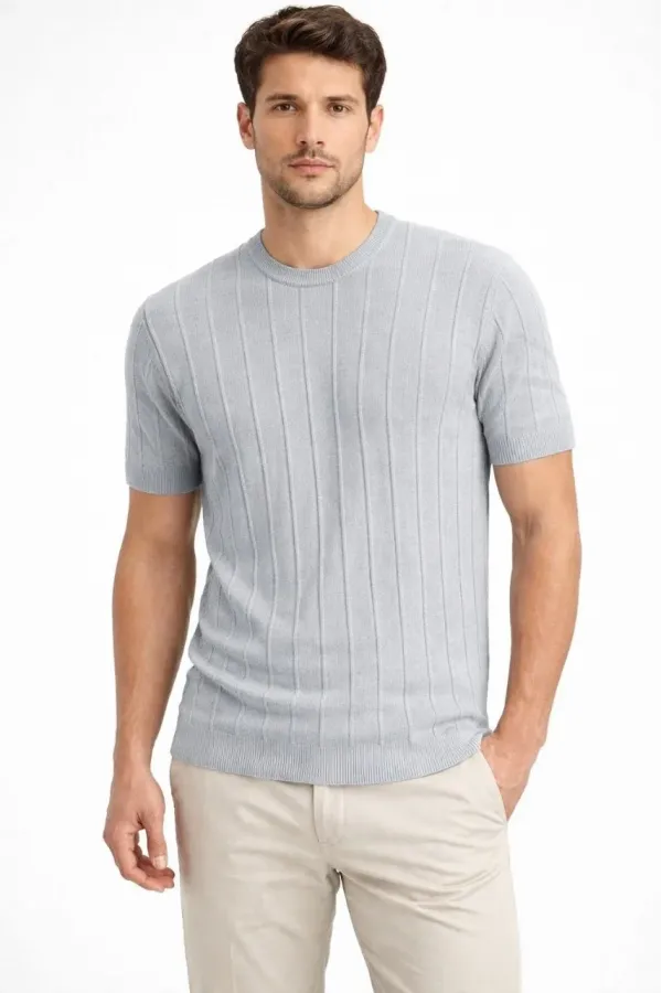 Erkek Yazlık Fitilli Triko Tişört Kısa Kol Bisiklet Yaka T-Shirt - Gri