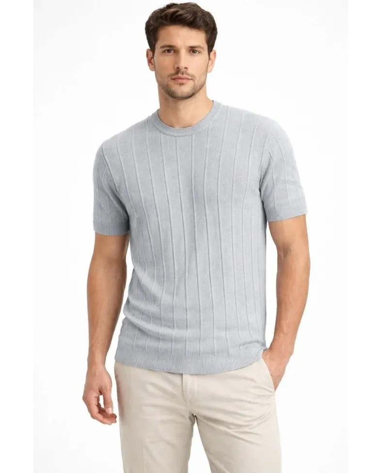 Erkek Yazlık Fitilli Triko Tişört Kısa Kol Bisiklet Yaka T-Shirt - Gri