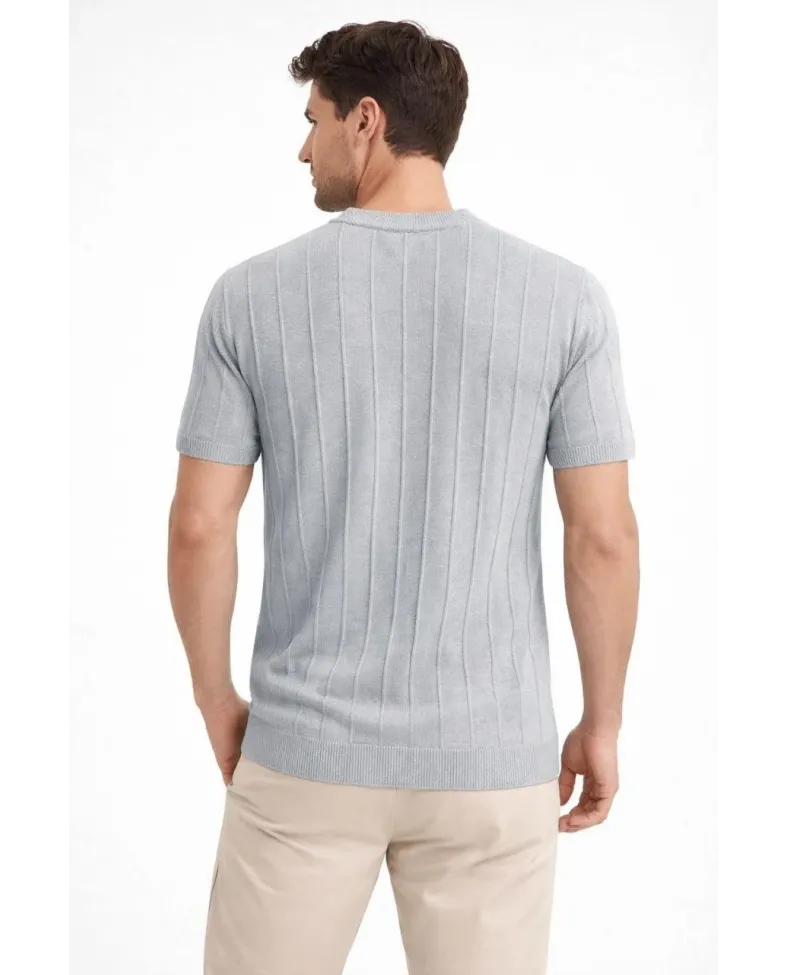 Erkek Yazlık Fitilli Triko Tişört Kısa Kol Bisiklet Yaka T-Shirt - Gri