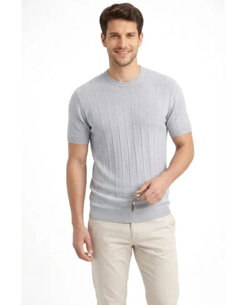 Erkek Yazlık Fitilli Triko Tişört Kısa Kol Bisiklet Yaka T-Shirt - Gri