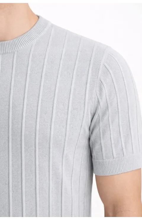 Erkek Yazlık Fitilli Triko Tişört Kısa Kol Bisiklet Yaka T-Shirt - Gri