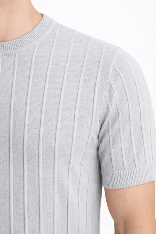 Erkek Yazlık Fitilli Triko Tişört Kısa Kol Bisiklet Yaka T-Shirt - Gri