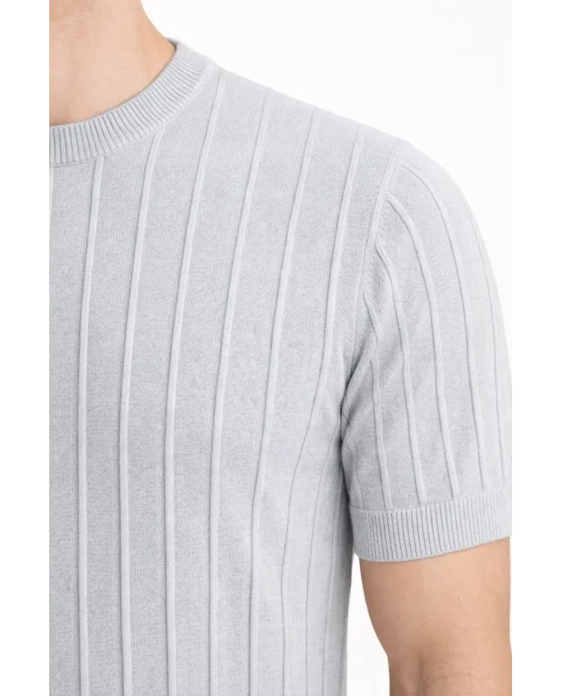 Erkek Yazlık Fitilli Triko Tişört Kısa Kol Bisiklet Yaka T-Shirt - Gri