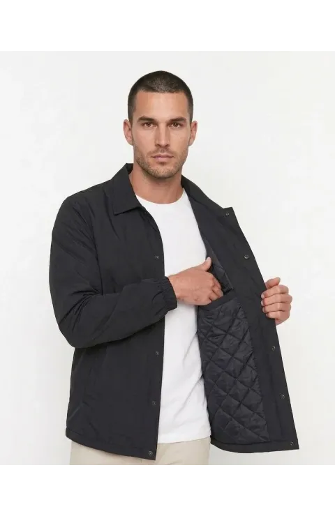 Erkek Yağmur İtici İç Astarlı Çıtçıtlı İç Cepli Dış Cepli Mevsimlik Mont - Siyah