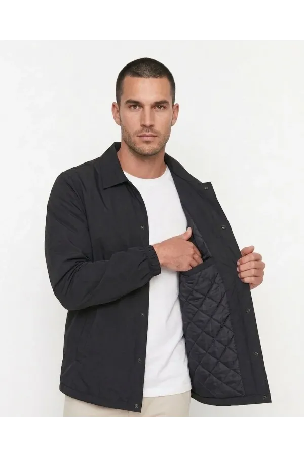 Erkek Yağmur İtici İç Astarlı Çıtçıtlı İç Cepli Dış Cepli Mevsimlik Mont - Siyah