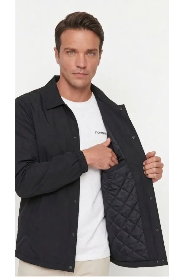 Erkek Yağmur İtici İç Astarlı Çıtçıtlı İç Cepli Dış Cepli Mevsimlik Ceket - Siyah