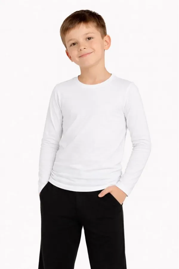 Erkek Çocuk Basic Uzun Kollu Tişört Okul Günlük Rahat T-Shirt - Beyaz