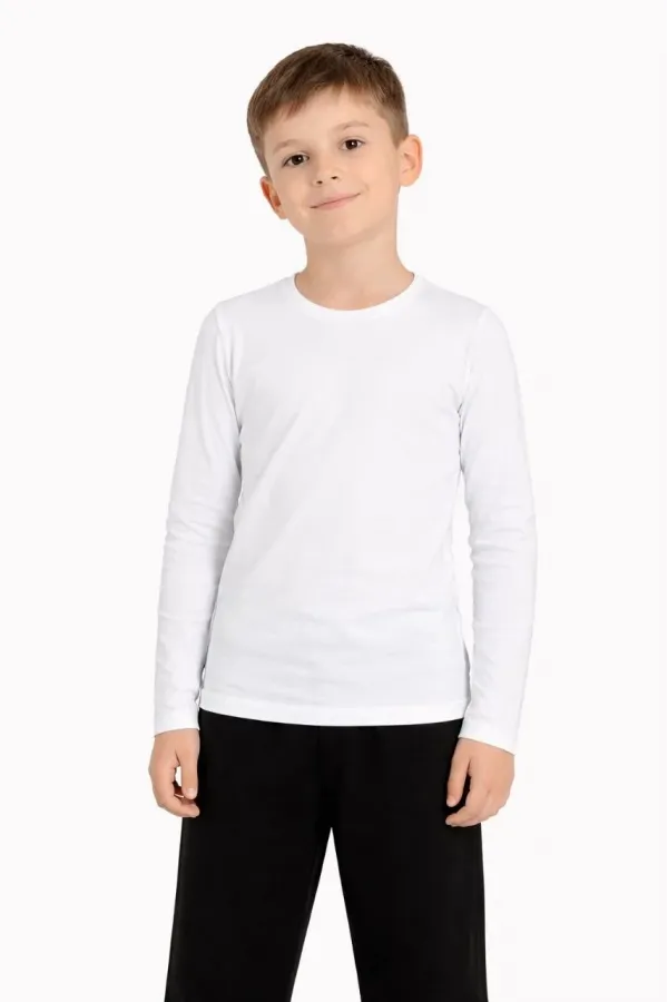 Erkek Çocuk Basic Uzun Kollu Tişört Okul Günlük Rahat T-Shirt - Beyaz