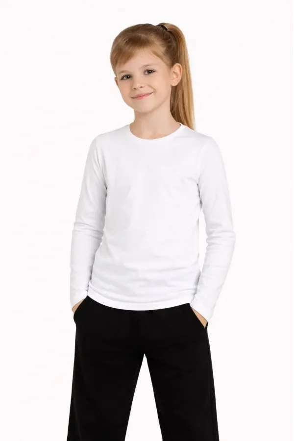 Kız Çocuk Basic Uzun Kollu Tişört Okul Günlük Rahat T-Shirt - Beyaz