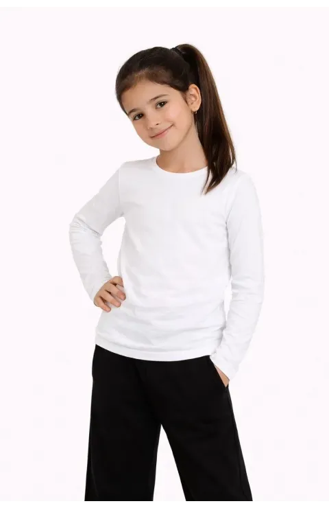 Kız Çocuk Basic Uzun Kollu Tişört Okul Günlük Rahat T-Shirt - Beyaz
