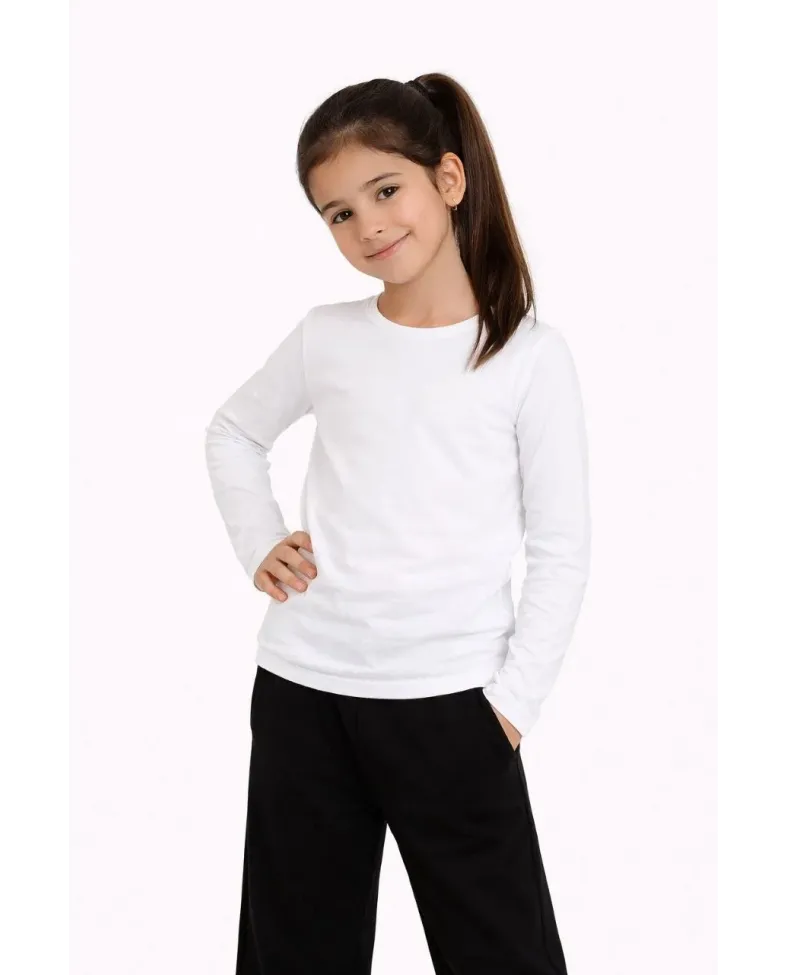 Kız Çocuk Basic Uzun Kollu Tişört Okul Günlük Rahat T-Shirt - Beyaz