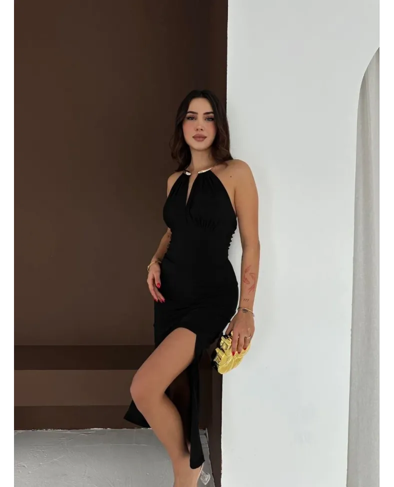 Kadın Uzun Abiye Elbise Yırtmaçlı Sırt Dekolteli Şık Gece Elbisesi - Siyah
