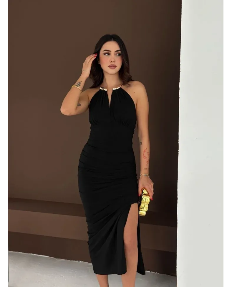 Kadın Uzun Abiye Elbise Yırtmaçlı Sırt Dekolteli Şık Gece Elbisesi - Siyah