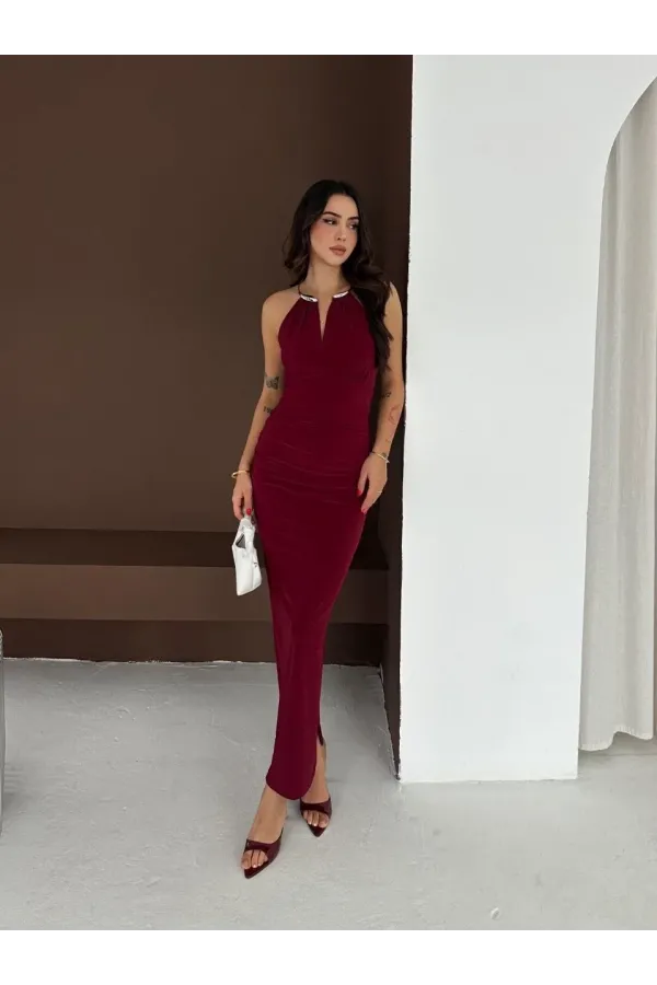 Kadın Uzun Abiye Elbise Yırtmaçlı Sırt Dekolteli Şık Gece Elbisesi - Bordo