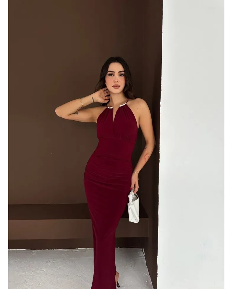 Kadın Uzun Abiye Elbise Yırtmaçlı Sırt Dekolteli Şık Gece Elbisesi - Bordo