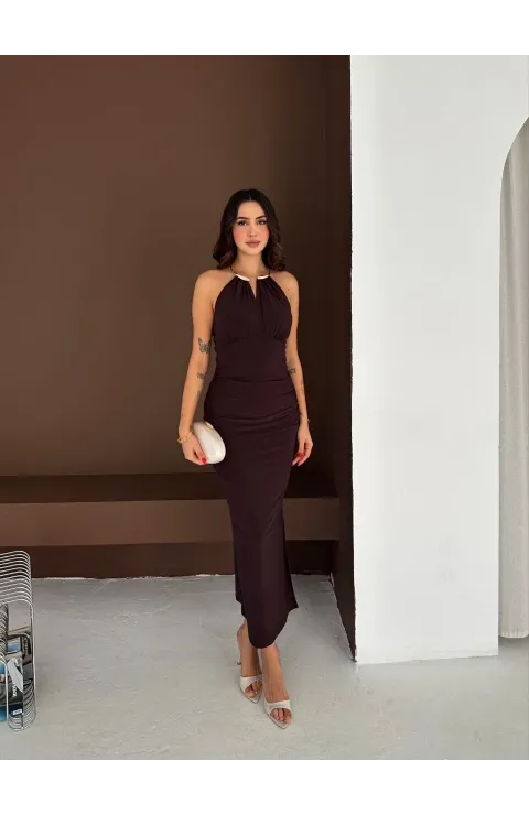 Kadın Uzun Abiye Elbise Yırtmaçlı Sırt Dekolteli Şık Gece Elbisesi - Kahverengi