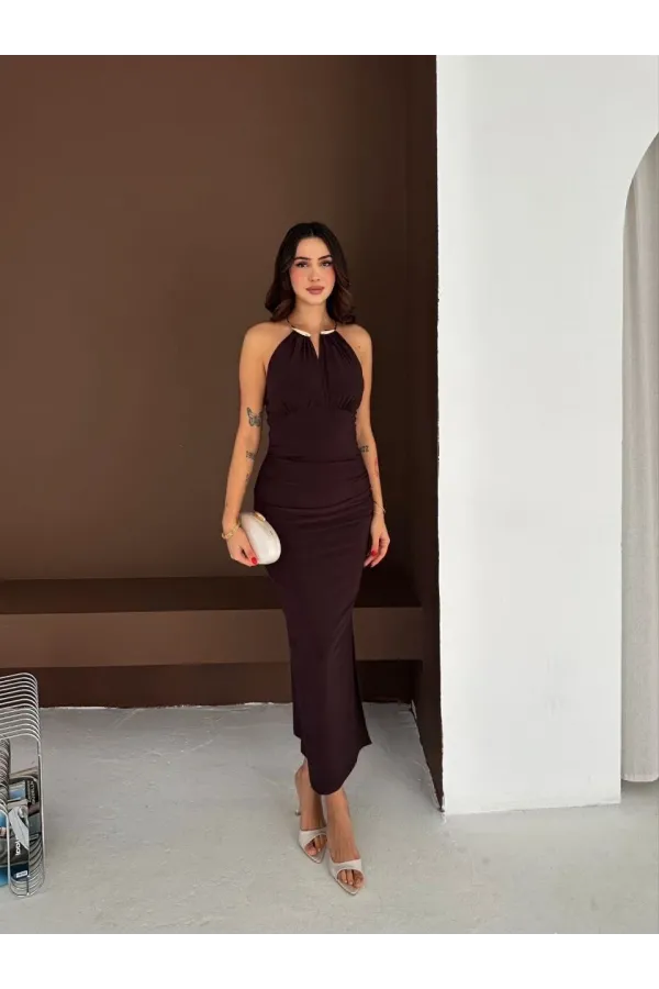 Kadın Uzun Abiye Elbise Yırtmaçlı Sırt Dekolteli Şık Gece Elbisesi - Kahverengi