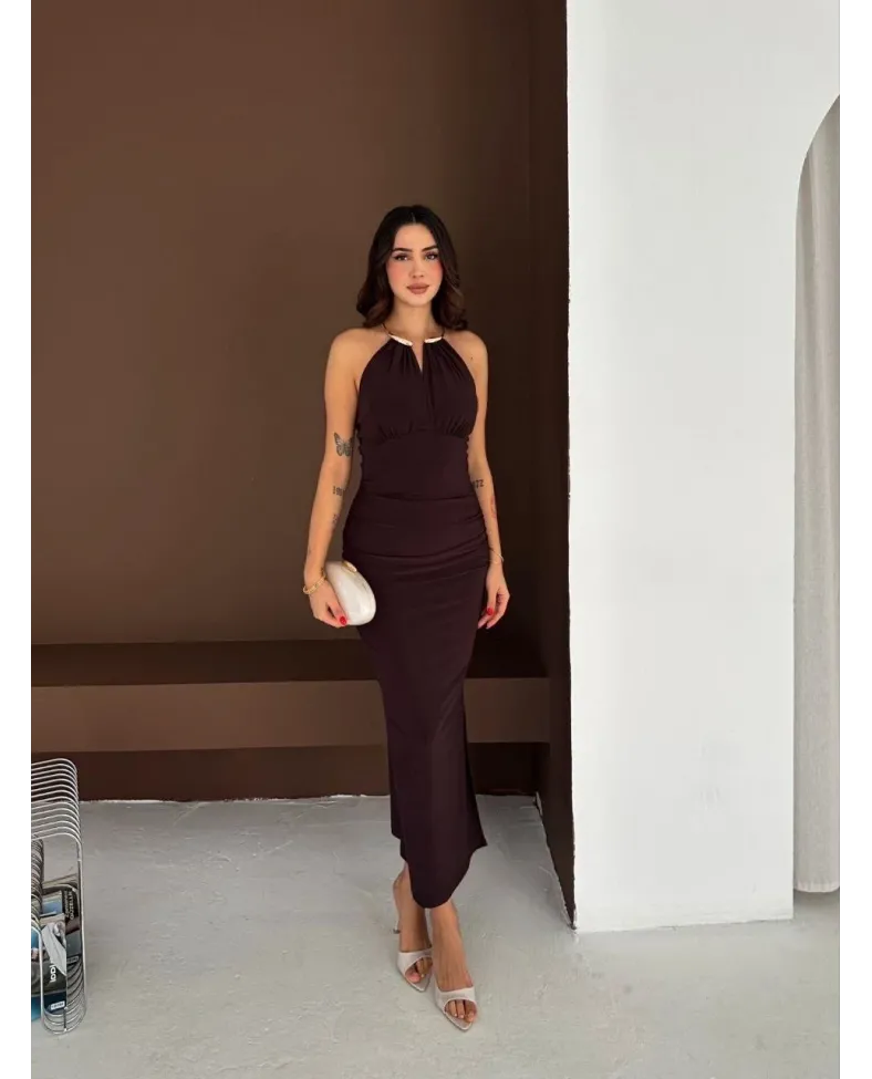 Kadın Uzun Abiye Elbise Yırtmaçlı Sırt Dekolteli Şık Gece Elbisesi - Kahverengi